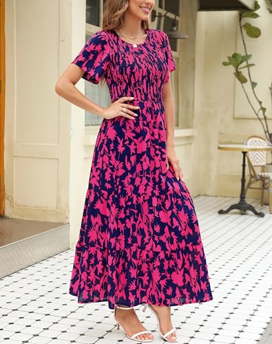 Image of Kranda Women 2025 Summer Fall Crewneck Short Sleeve Smocked Floral Maxi Dress