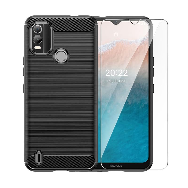 for Nokia C21 Plus Case with HD Screen Protector, Upgraded Non-Slip Shock-Absorption Flexible TPU Carbon Fiber Bumper Soft Rubber Protective Phone Case Cover (Black)