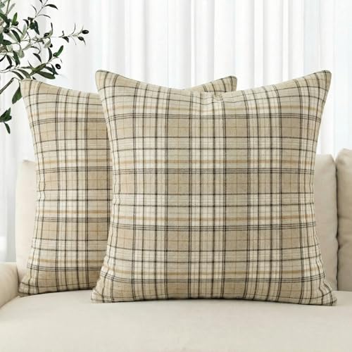 AVOIN colorlife Spring Summer Khaki White Plaid Decorative Throw Pillow Covers 18 x 18 Inch Holiday Scottish Tartan Cushion Case Farmhouse Decoration for Sofa Couch Set of 2