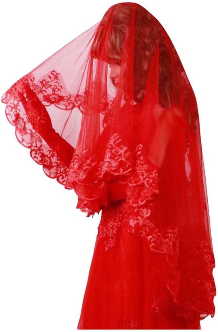 ZEALMAX Classic Red Bridal Wedding Veil, Bridal Headcloth Simple Wedding Lace Accessories Headpiece for Women