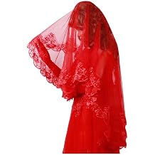 ZEALMAX Classic Red Bridal Wedding Veil, Bridal Headcloth Simple Wedding Lace Accessories Headpiece for Women