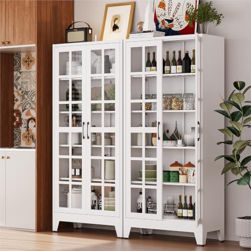 Image of COFaR 71 inch Tall Metal Storage Cabinet with Glass Doors and Shelves, White | 71-inch metal pantry cabinet with 5-tier storage, 4 adjustable shelves, square-grid glass doors, and black handles