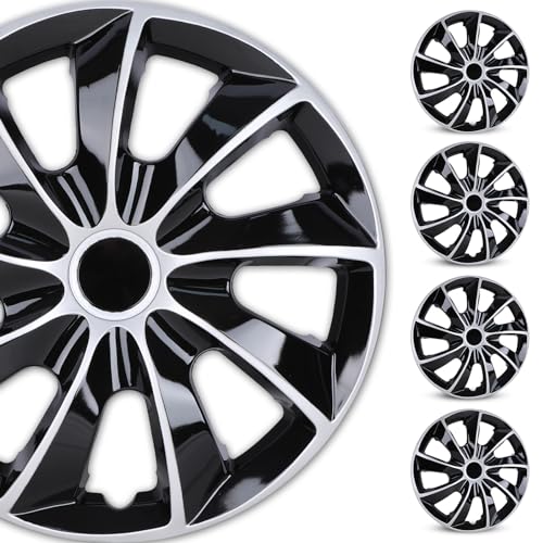 WOLFSTORM 4-Pack 15 Inch Hubcaps,Special Design Fashion Shape Replacement Rim Cover Hubcaps,Car Truck SUV Wheel Hub Accessories, Silver&Black