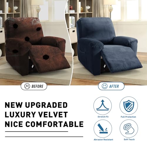 Image of ZNSAYOTX 2026 Velvet Oversized Recliner Cover 3-Piece, Luxury Plush Recliner Chair Covers with Elastic Band & Ties Stay in Place, Stretch Reclining Slipcover for Lazy Boy Soft Washable (Navy Blue)