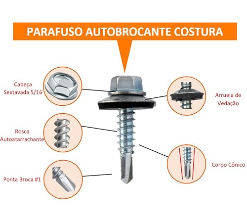 Parafuso Auto Brocante Costura 12x7/8 (5,5 x 22 mm) para Telha com Anel Arruela de Vedação Movel em