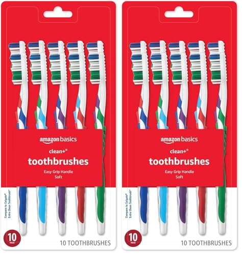 Image of Amazon Basics Toothbrush, Soft, Full | 10 Count | Assorted Colors | Pack of 2