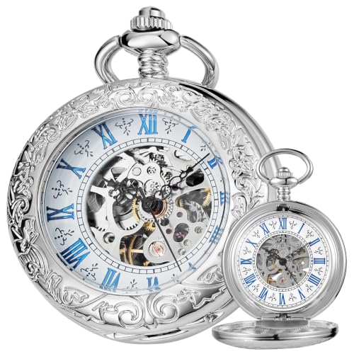 Image of Mens Pocket Watch Skeleton Mechanical Hand Winding Half Hunter Silver Black Golden Case Roman Numerals with Gift Box
