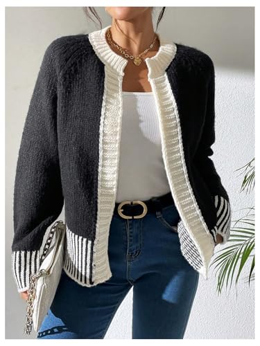 SOLY HUX Women's Striped Open Front Cardigan Elegant Color Block Knit Work Office Sweater Outerwear4
