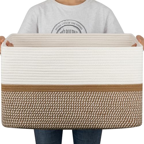 Image of OIAHOMY Large Blanket Basket, 22”x17”x12” Rectangle Woven Baskets, Nursery Blanket Storage Living Room, Toy Storage With Handle, Large Baskets for Organizing-Yellow/White