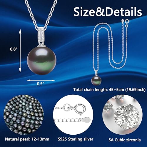 12-13mm Tahitian Black Pearl Pendant Necklace for Women, Genuine Cultured Pearl, 925 Sterling Silver, Simple Elegant Jewelry Gift for Wife Mom Girlfriend2