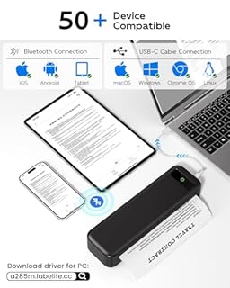 TATTMUSE Stampante Portatile A4 Kit, Stampante Termica Compatibile Connessione Bluetooth e USB, Con Custodia per il Trasporto e 4 Rotoli di Carta Termica, Senza Inchiostro Stampa in Nero e Bianco