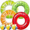 90shine 7PCS Fruit Pool Floats: Watermelon Kiwi Orange Lemon Swimming Rings with 13.5″ Beach Balls – Inflatable Tubes Floaties Toys for Kids Adults