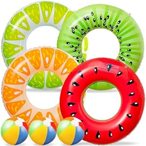 90shine 7PCS Fruit Pool Floats: Watermelon Kiwi Orange Lemon Swimming Rings with 13.5″ Beach Balls – Inflatable Tubes Floaties Toys for Kids Adults
