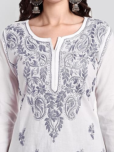 Image of Seva Chikan Hand Embroidered Lucknowi Chikankari Regular Straight Cotton Kurta Kurti for Women SCL4243