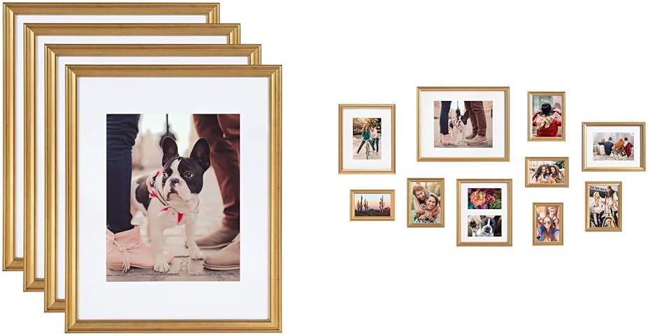 Kate and Laurel Adlynn Wall Picture Frame Set, 11" x 14" matted to 8" x 10", Gold, Set of 4 & Adlynn Photo Frame Set, Set Of 10, Varying Sizes, Gold, Traditional Glam Frame Collection For Wall