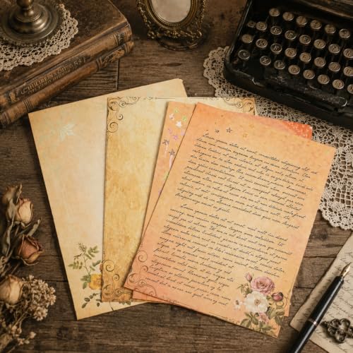 Image of HASTHIP 40 Pcs Letter Writing Paper - A4size 8 Designs Vintage Floral Decorative Handmade Paper Retro Stationery Antique Yellowish Craft Papers for Invitations, Scrapbooking, Journaling, 11.2x8.26in