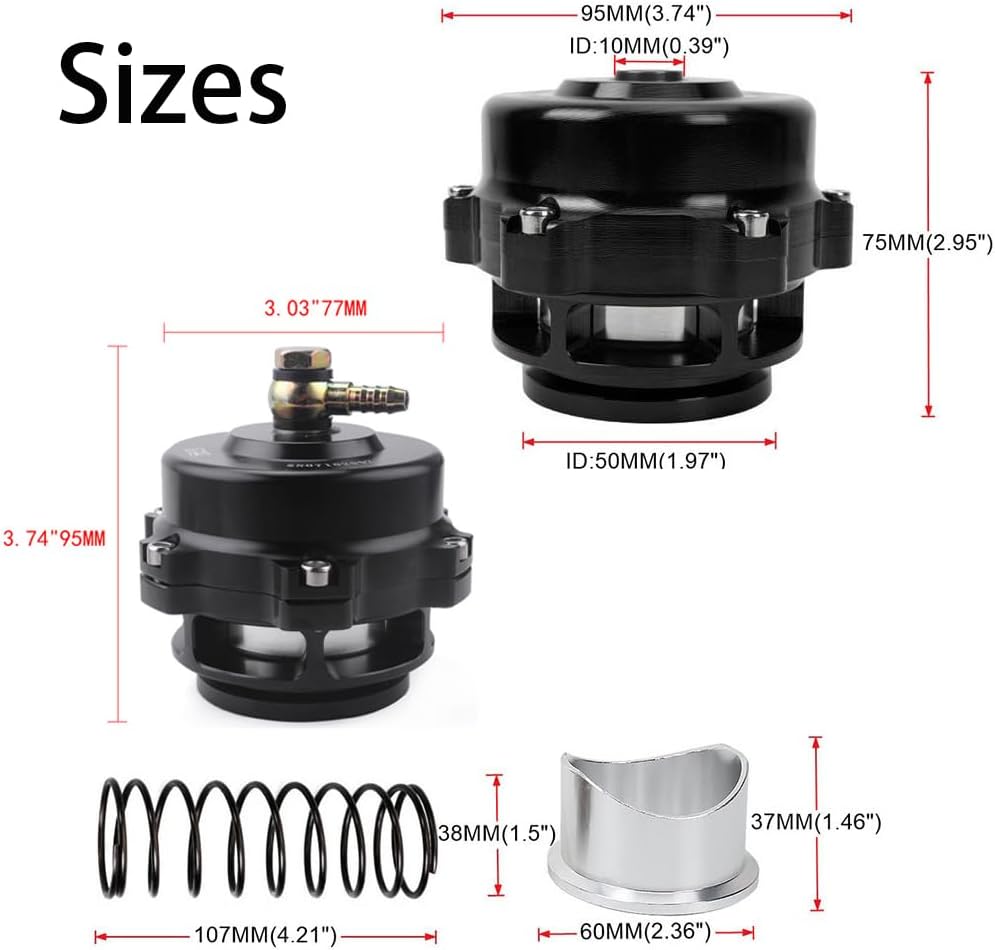 RS-BOV027/RS-BOV027 50mm Blow Off Valve Assembly CNC Billet Aluminum Construction V-Band Flange System Dual Spring Compatible for All Turbocharged Vehicle Systems (Black)