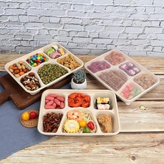 Sugarcane Fiber 40 oz 6 Compartments disposable plates with Lids Bagasse Plant Fibers Freezer Safe 25 Pack