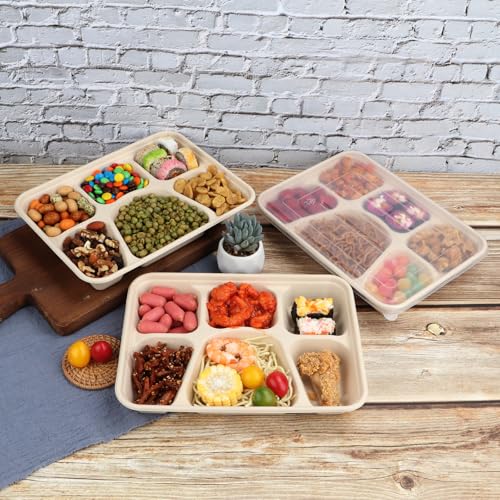 Sugarcane Fiber 40 oz 6 Compartments disposable plates with Lids Bagasse Plant Fibers Freezer Safe 25 Pack