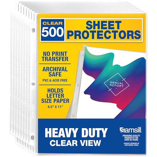 Image of Samsill 500 Pack Heavy Duty Sheet Protectors, Crystal Clear, 8.5x11 Inch Page Protectors for 3 Ring Binder, Letter Size Protectors, Reinforced Holes, Clear Document Sleeve, Top Loading, Acid Free