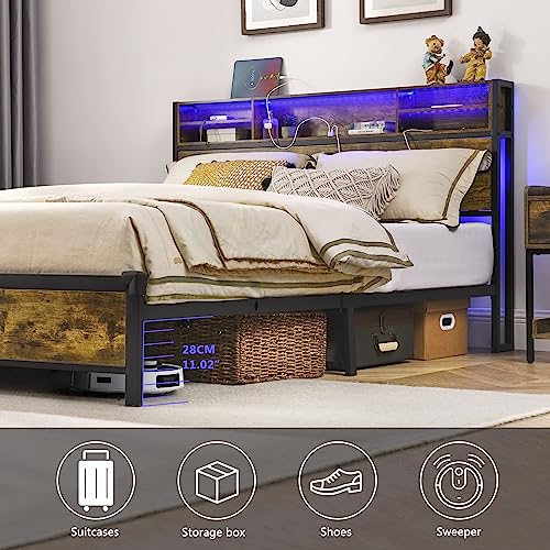 Alohappy King Bed Frame with Led Bookcase Headboard and Charging Station, Metal Platform Bed Frame with RGB Light Strips, Sturdy and No Noise Easy Installation No Box Spring Needed