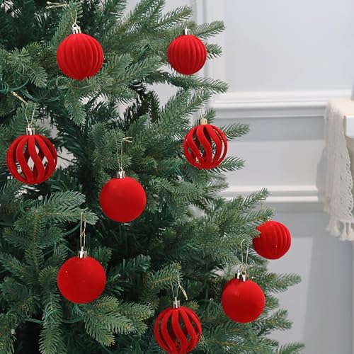 Image of 20Pcs Red Velvet Christmas Ornaments Set,2.36In Flocked Ornaments Balls | Velvet Ornaments For Christmas Tree Decor;Holiday Christmas Decor;Christmas Decoration;Shatterproof Plastic Christmas Balls