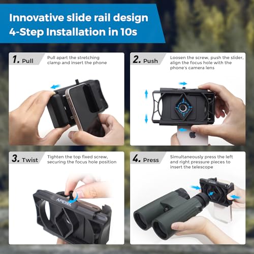 APEXEL 360° Telescope Phone Adapter, Upgraded Binocular Photo Adapter for Android & iPhone, Smartphone Mount for Telescope, Monocular, Microscope, Spotting Scope. (Including Bluetooth Shutter Remote)