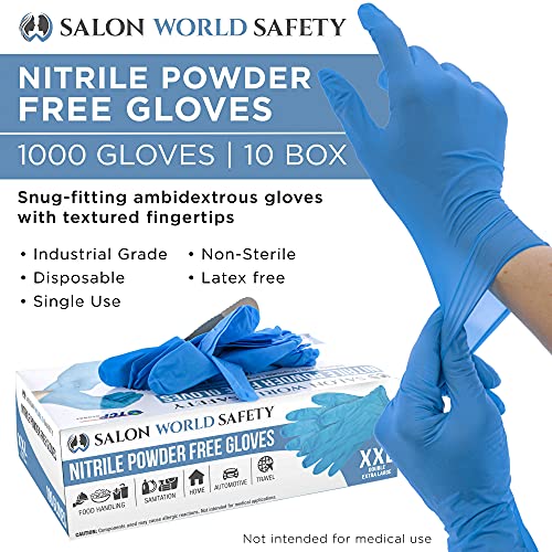 Salon World Safety Blue Nitrile Disposable Gloves, 10 Boxes of 100, Size Medium, 3.5 Mil - Latex Free, Textured, Food Safe