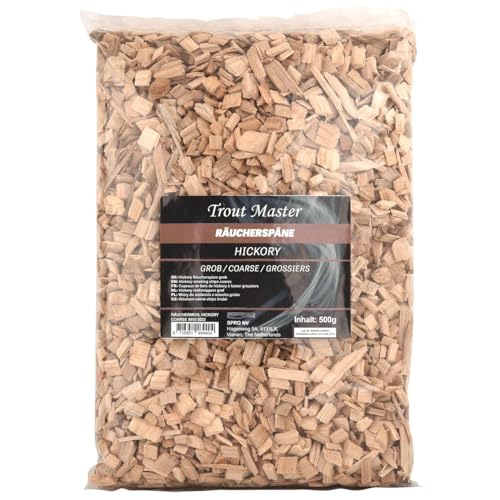 Trout Master Farine de fumage Hickory grossière – 500 g de copeaux de fumage pour fumage des poissons, farine pour fumoirs, copeaux