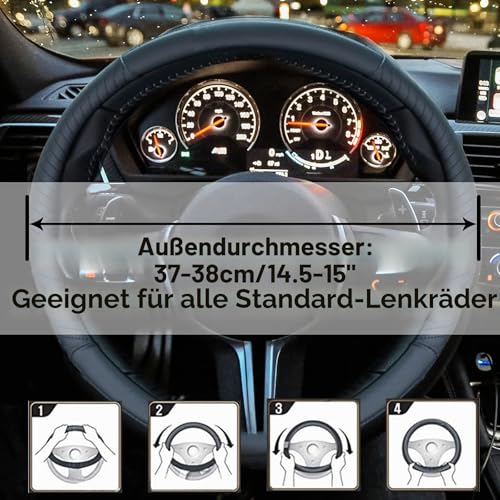 ZATOOTO Lenkradbezug, Lenkradbezug Leder, Lenkradhülle, Lenkradschutz 37-38cm, Anti Rutsch, Universal, Schwarz
