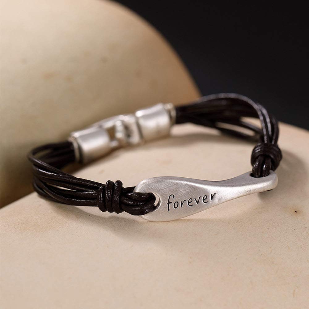 S925 Vintage Pulsera De Plata para Mujeres Hombres Literaria Cuerda De Cuero Eterna Sencillo Y Simple Estilo Chino Personalidad Creativa Encanto Hermoso Regalo