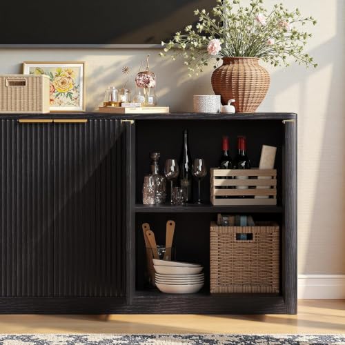 Image of Evermagin 67 inch Fluted Black Buffet Cabinet Sideboard with Storage, Large Credenza with 6 Doors, Wood Mid Century Modern Sideboard for Kitchen and Living Room (67 inch*31.5 inch*15.7 inch)