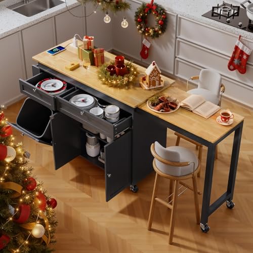 ONBRILL Kitchen Islands with Extendable Dining Table, 81.7″ Mobile Kitchen Storage Islands, Rolling Kitchen Cart with Trash Cabinet, Power Outlet, Spice Rack & Towel Rack (Black)
