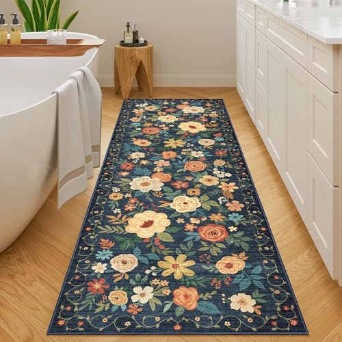 DUKINO Runner Rug, 2.6x8 Kitchen Rug for Hallway with Non Slip Backing, Washable Low Pile Soft Boho Floral Runner Carpet for Hallway, Kitchen, Entryway, Laundry, Bedroom, Dark Blue by DUKINO - Used condition - Image 4