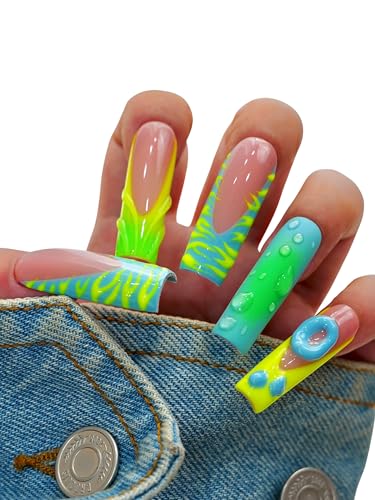 10PCS Neon Green and Blue Press On Nails – Long
