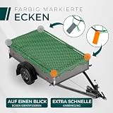Anhängernetz 1,5x2,2M [DEKRA Geprüft] - Ladungssicherungsnetz mit Gummiseil & Eckenmarkierung - Abdecknetz für Anhänger, Reißfest