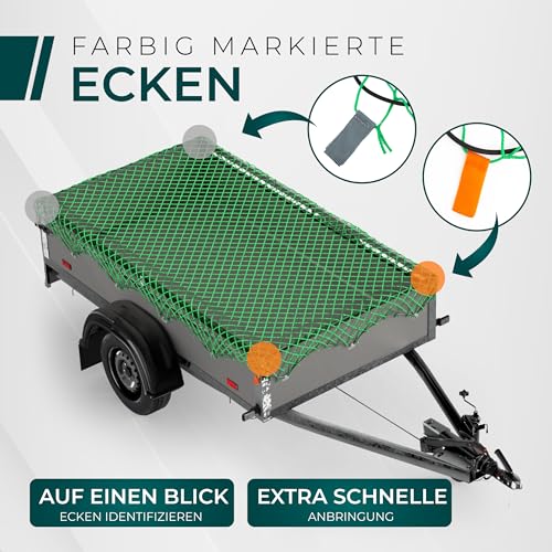 Anhängernetz 1,5x2,2M [DEKRA Geprüft] - Ladungssicherungsnetz mit Gummiseil & Eckenmarkierung - Abdecknetz für Anhänger, Reißfest