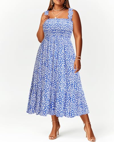 Image of Plus Size Summer Dress - Sun Boho Beach Casual Floral Spaghetti Strap Sleeveless Long Maxi Dresses