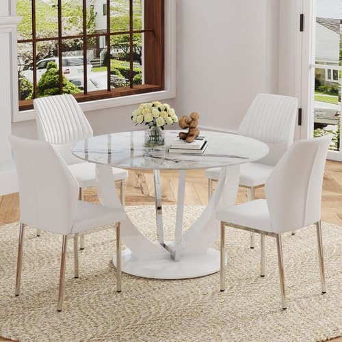 TesNus Round Dining Table Set for 4 with Chairs,Marble Top Pedestal Table and White Faux Leather Chairs, Modern Circular Kitchen Dining Table Set for Apartment, Modern Home,New House for 4 People