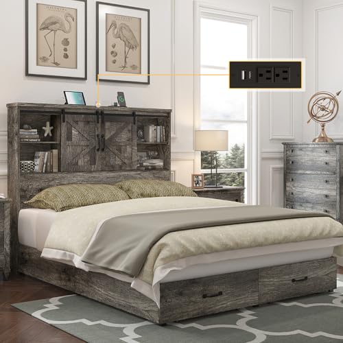 HOWE Queen Size Wood Platform Bed Frame with 51.2\" Bookcase Headboard, Storage Bed with Sliding Barn Door Charging Station 2 Drawers, No Box Spring Needed/Noise Free/Farmhouse/Rustic Grey