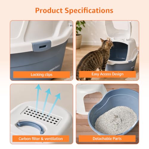 Image of Amazon Basics No-Mess Enclosed Cat Litter Box | Hooded Cat Washroom with Privacy Door | Blue + White | 42 X 49 X 63 cm| Suitable for Kittens & Adult Cats