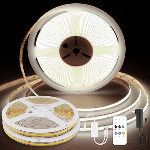 Image of COB LED Strip Lights, Dotless LED Lights with Remote& App, 65.6ft Natural White 4000K Super Bright Dimmable 24V Flexible LED Tape Light,Kitchen Cabinet,Office,Stairs,Shelf Indoor Lighting.