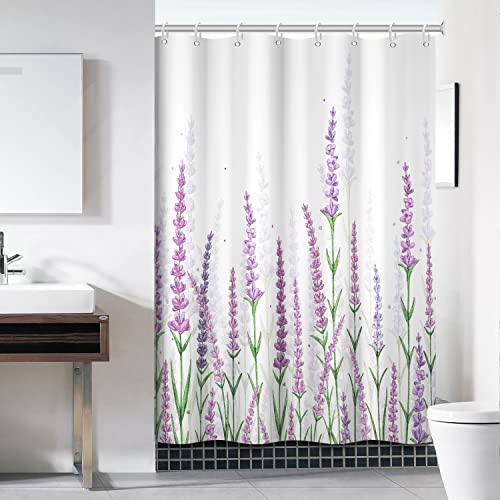 Ruelvth Purple Shower Curtain, Lavender Shower Curtain for Bathroom Waterproof Fabric Spring Plant Leaves with Floral Shower Curtain Set with Hooks, 60x72 Inch