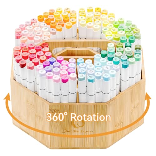 Ohuhu Rotating Marker Organizer for Alcohol Markers 360 Rotating Bamboo Storage Hold 162 Honolulu& B Alcohol Markers Pens Pencil Holder with 10 Compartments for Home Classroom Office Decor