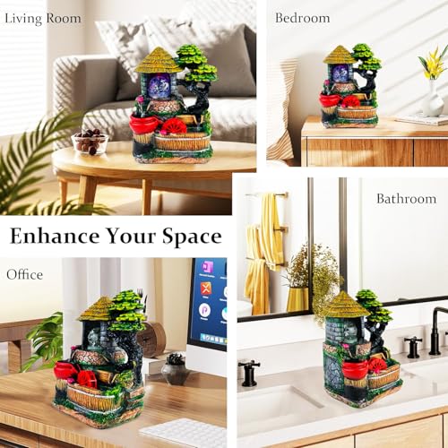 Image of Go Hooked Polyresin Waterfall Fountain with LED Lights & Adjustable Speed Control for Living Room, Bedroom & Office | Tabletop Showpiece Water Fountain | Stress Relief & Positive Energy Decor GH-F319