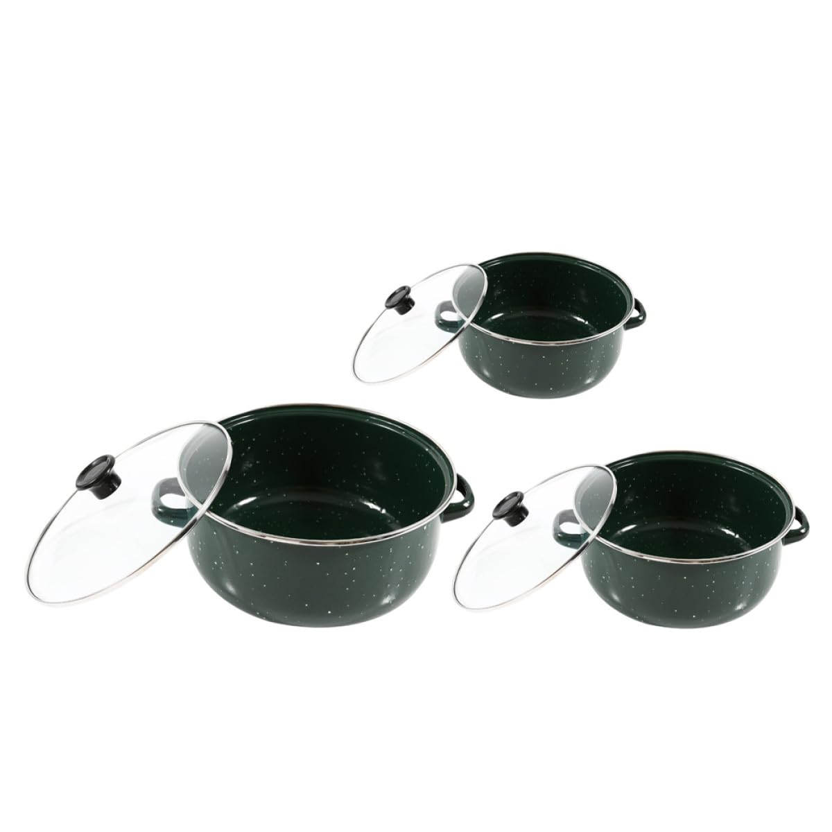 Marmites émaillées vertes : lot de 3 faitouts vintage avec couvercles pour cuisine
