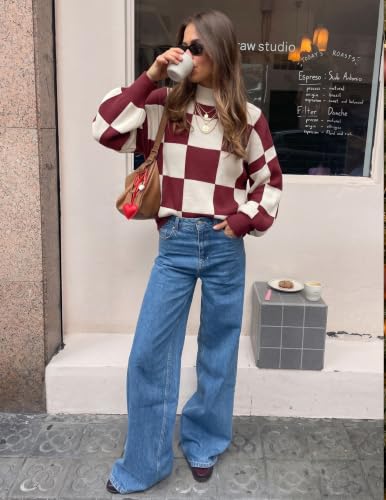 Image of ZESICA Women's 2026 Fall Striped Pullover Sweaters Tops Fashion Outfits | Checkered, Mock Neck, Oversized, Trendy Casual Loose Fit, Cute, Chunky Cozy Holiday Winter Clothes