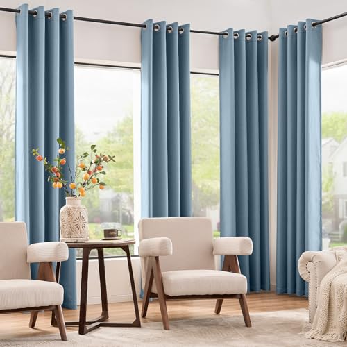 jinchan Linen Textured Curtain 96 Inch Length for Living Room Darkening Blue Bedroom Curtain Thermal Insulated Grommet Top Blue 1 Panel Window Curtain Drape