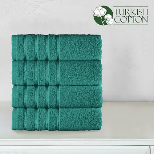 Image of Elegant Comfort 100% Turkish Cotton 4 Lines Viscose Stripe Luxury 4 Pack Hand Towel Set - Ultra Absorbent and Soft 16 x 28 Inch Premium Hotel Spa Quality Towels for Everyday Bath Use, Turquoise