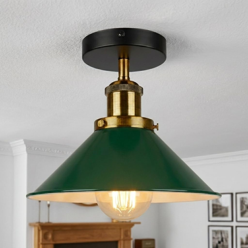 Green Semi Flush Metal Cone Shade Ceiling Light 22cm with Bulb Indoor โ image 1